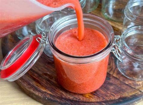 Abfüllen der frischen Erdbeer-Rhabarber-Marmelade in Weckgläser