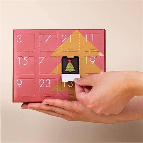 Adventskalender mit Zartbitterschokolade und weihnachtlichen Motiven