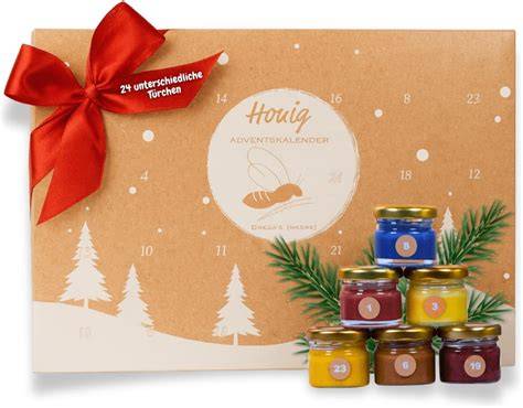 Adventskalender mit kleinen Honiggläsern dekorativ arrangiert
