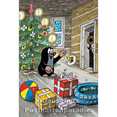 Adventskalender und kleine Maulwurf Figur aufgereiht