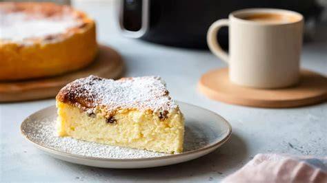 Airfryer mit Kuchenform und Käsekuchen im Airfryer