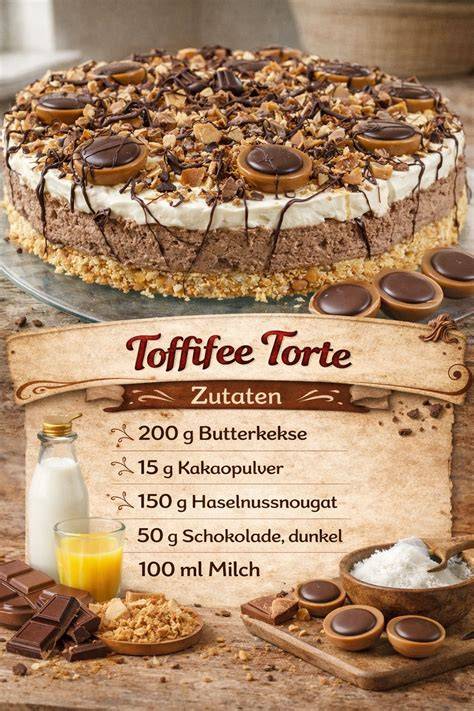 Alle Zutaten für eine Toffifee Torte in Schalen auf einem Tisch