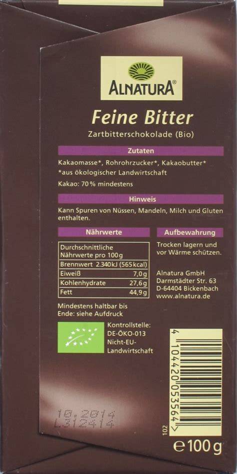 Alnatura feine Bitter Schokolade Tafel und Zutaten