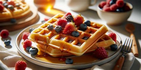 Amerikanische Waffeln auf Teller mit Ahornsirup und Beeren