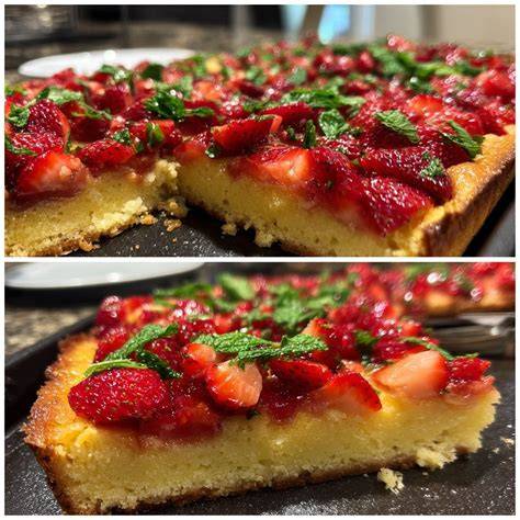 Angeschnittene Erdbeertorte mit frischer Minze dekoriert