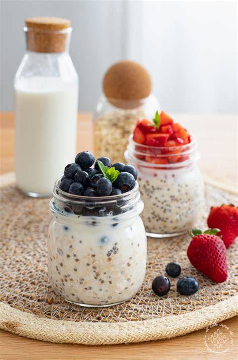 Anordnung von Zutaten: Chiasamen, Blaubeeren, Pflanzenmilch