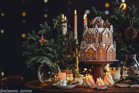 Anschnitt: Lebkuchen-Kirsch-Torte und Dessertgläser auf gedecktem Tisch