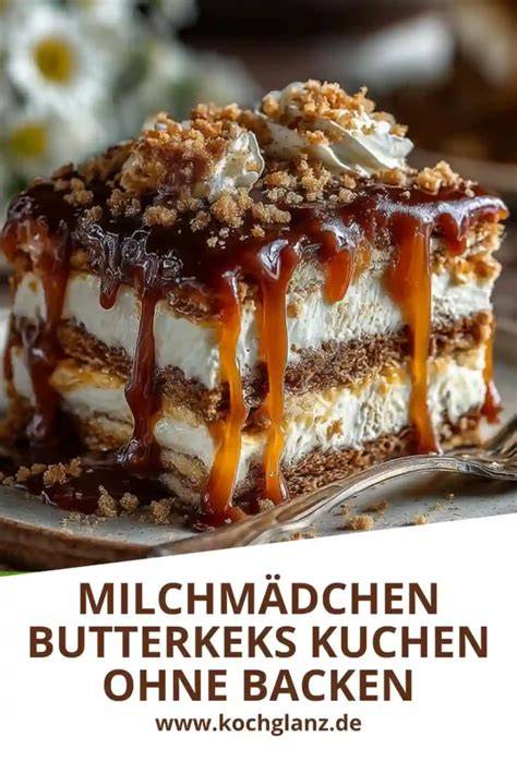 Anschnitt: Schichten aus Butterkeks, Karamell, Creme und Schokodecke