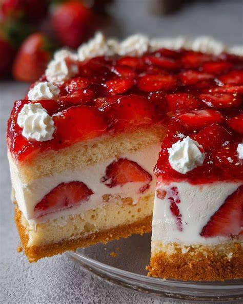 Anschnitt der Erdbeertorte: Biskuit, Quark-Sahne-Füllung und Erdbeeren