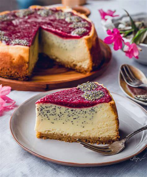 Anschnitt des veganen Mohn-Käsekuchens mit Frucht-Topping