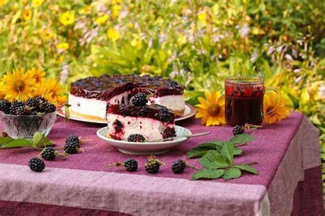 Anschnitt einer Brombeertorte mit Joghurtcreme und Brombeer-Spiegel