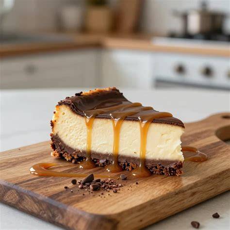 Anschnitt einer Erdnussbutter-Torte mit Karamell und Schokolade