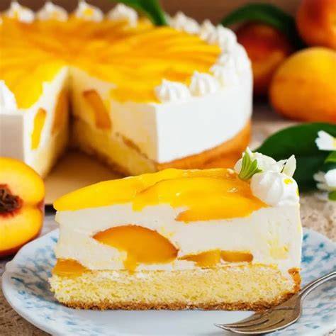 Anschnitt einer Joghurt-Pfirsich-Torte mit Pfirsichspiegel und Weinbergpfirsichen