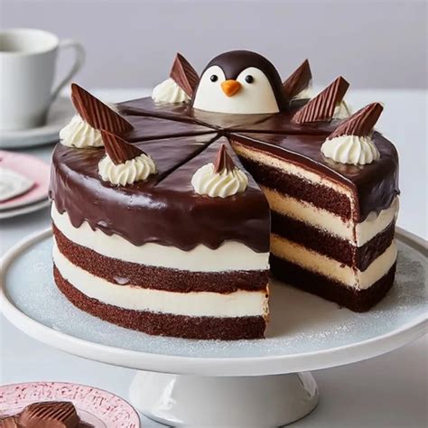 Anschnitt einer Kinder-Pingui-Torte mit Schokoschicht