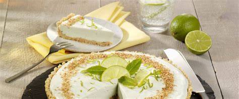 Anschnitt einer Limetten-Quark-Torte ohne Backen mit Limettenscheiben und Kokosflocken