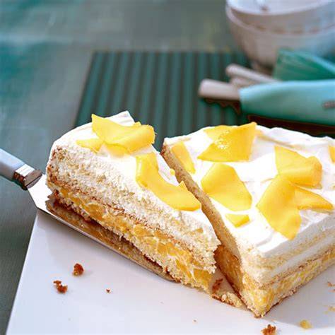Anschnitt einer Mango-Torte mit Biskuitboden, Rezeptschritte grafisch