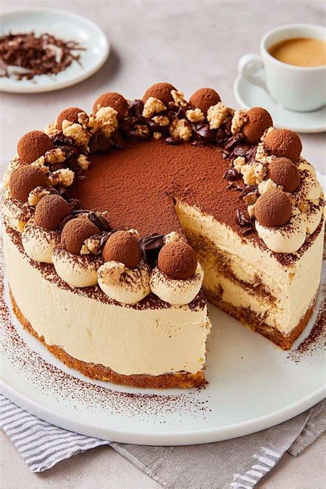 Anschnitt einer klassischen Tiramisu Torte ohne Alkohol auf einer weißen Tortenplatte