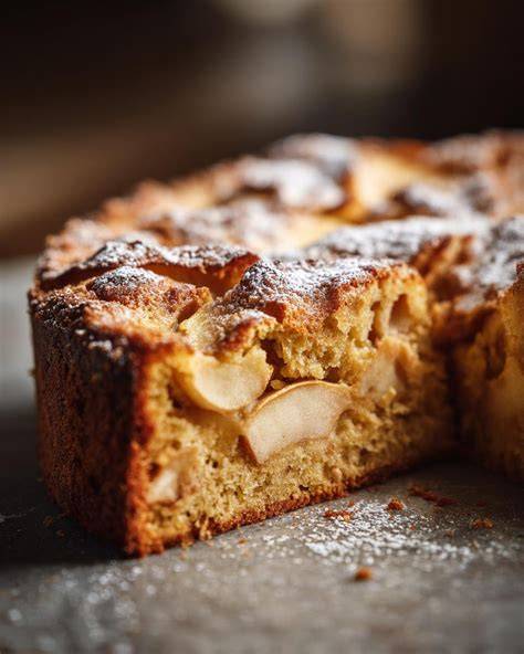 Anschnitt eines Apfelkuchens mit Vanillepudding-Schichten, Dampf steigt auf
