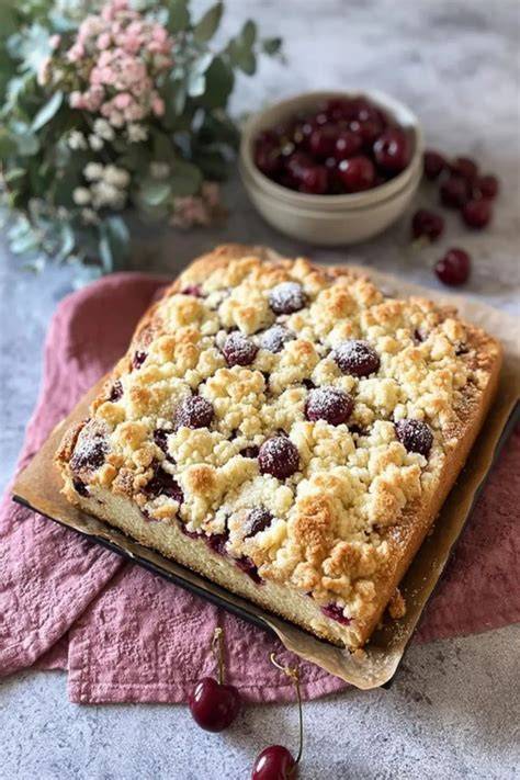 Anschnitt eines Kirsch-Pudding-Streuselkuchens mit goldbraunen Streuseln