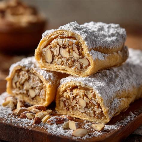 Anschnitt eines Kirsch-Pudding-Strudels mit Puderzucker auf Holzbrett