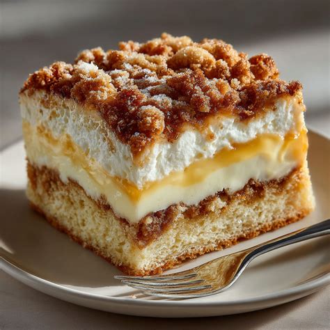 Anschnitt eines Mohnkuchens mit Vanillepudding und goldbraunen Butterstreuseln