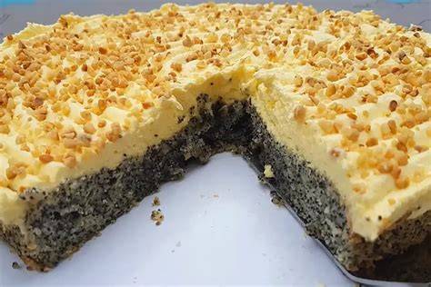Anschnitt eines Mohnkuchens ohne Boden mit Haselnüssen und Blaumohn