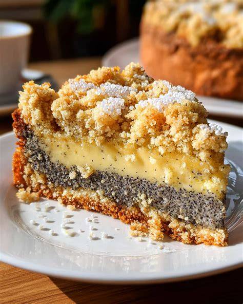 Anschnitt eines Streuselkuchens mit dicker Puddingschicht und Marmeladenwirbeln
