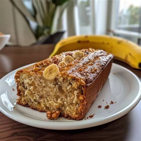 Anschnitt eines saftigen Bananen-Walnuss-Kuchens ohne Zucker mit Deko-Banane