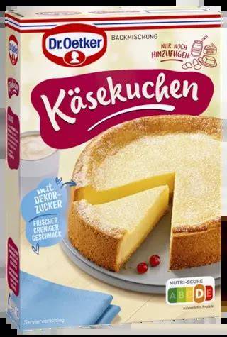 Ansicht der Dr. Oetker Käsekuchen-Backmischung mit Springform und Zutaten