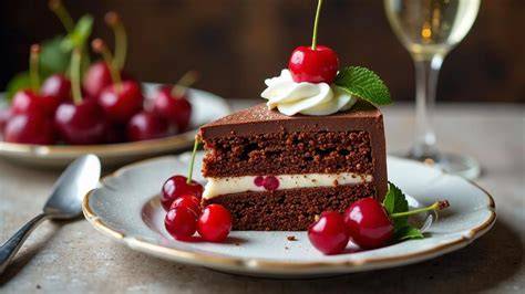 Ansicht einer festlichen Schoko-Kirsch-Creme-Torte mit Ganache und Kirschen