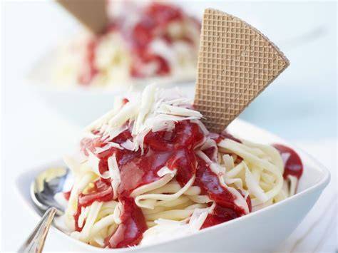 Ansicht eines Spaghetti Eis Kuchens mit Erdbeersoße und weißen Schokoraspeln