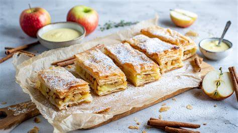 Apfel, Blätterteig und Pudding Zutaten nebeneinander