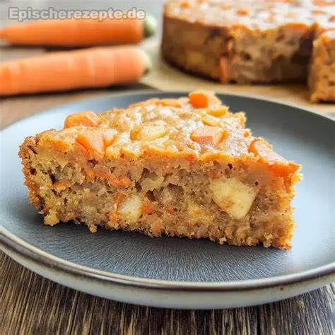 Apfel Möhren Kuchen - angerichtet auf einer Tortenplatte, mit Puderzucker bestreut