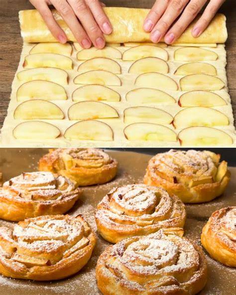 Apfel und Blätterteig - Zutatenübersicht und Schritt-für-Schritt-Anordnung