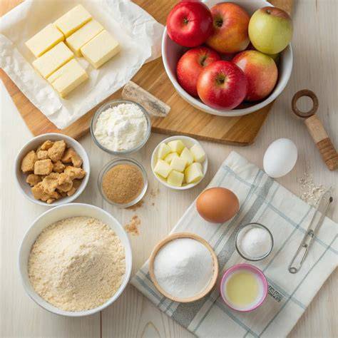 Apfel und Marzipan Zutaten auf Holzbrett