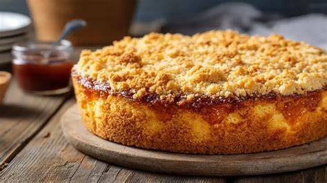 Apfel-Eierlikörkuchen mit Streuseln auf einem Holzbrett