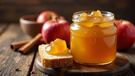 Apfel-Mandel-Marmelade Zutaten und fertige Gläser auf einem Küchentuch