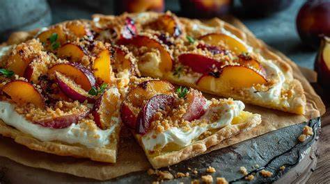 Apfel-Pflaumen-Kuchen auf rustikalem Brett mit Mandelblättchen und Streuseln