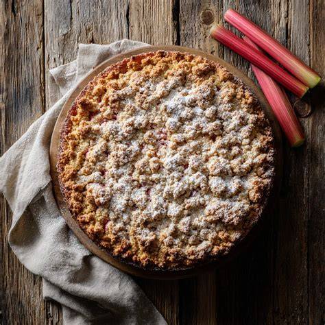 Apfel-Rhabarber-Kuchen auf rustikalem Holztisch