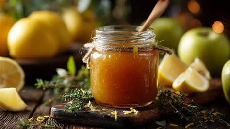 Apfel-Thymian-Marmelade im Glas mit frischem Thymian