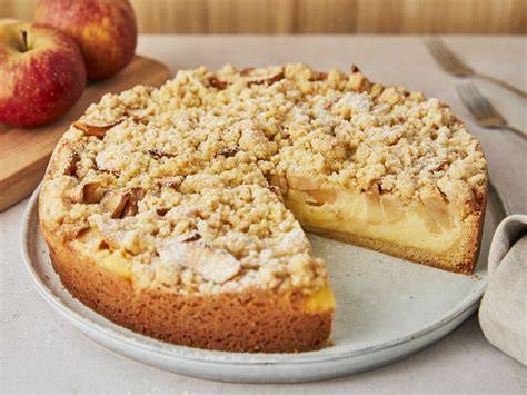 Apfelkuchen Zubereitung: Mürbeteig, Pudding, Streusel