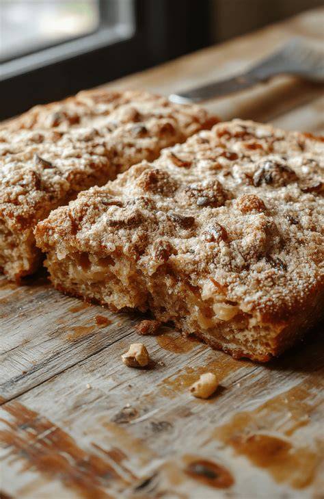 Apfelkuchen mit goldbraunen Streuseln auf Holzbrett