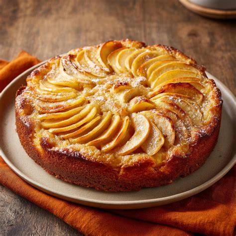 Apfelkuchen mit roter Marmeladenschicht und Apfelspalten, Draufsicht