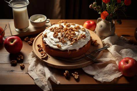 Apfelkuchen serviert auf dem Kaffeetisch mit Schlagsahne