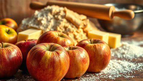 Apfelkuchen-Zutaten und Teigarten (Hefe- und Mürbteig) als Infografik