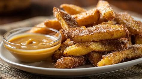 Apfelpommes und Karamellsoße auf einem Teller