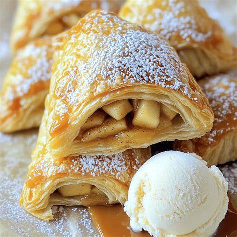 Apfeltaschen mit Zuckerguss und Vanilleeis serviert