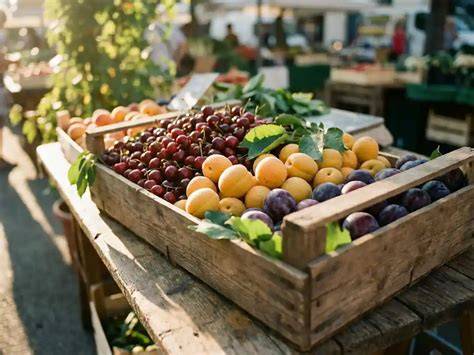 Aprikosen und Pflaumen auf einem Marktstand
