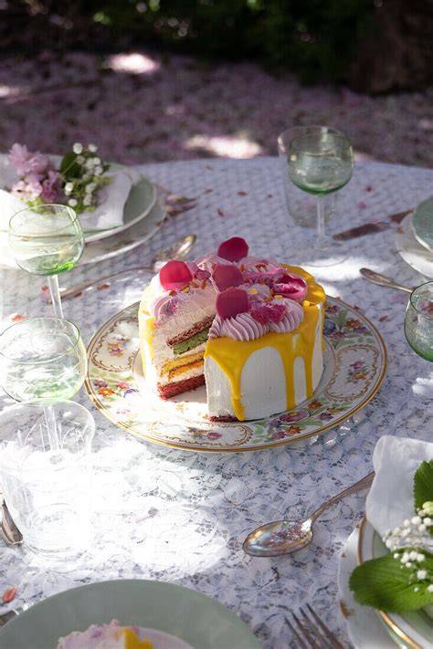 Aprikosen-Creme-Torte auf einem Gartentisch