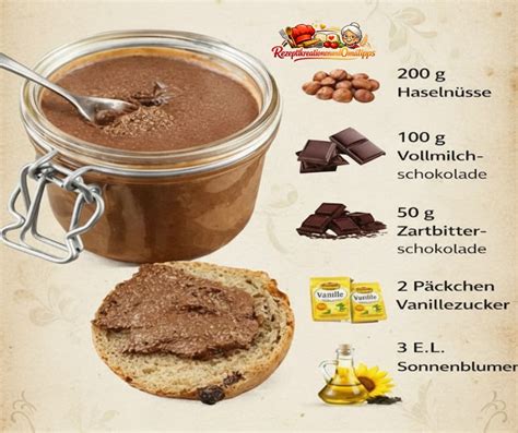 Arbeitsablauf: Haselnüsse rösten, pürieren, Schokolade schmelzen, Creme abfüllen